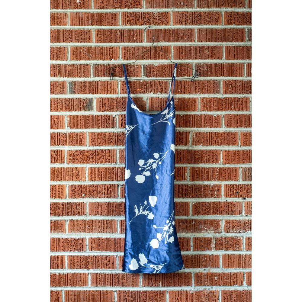 Navy Blue Floral Satin Slip Dress Adjustable Spaghetti Straps Mini Size S